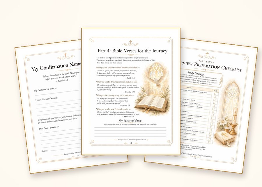 Free Catholic Confirmation printable pages: Confirmation name and promise, Bible verses and interview checklist