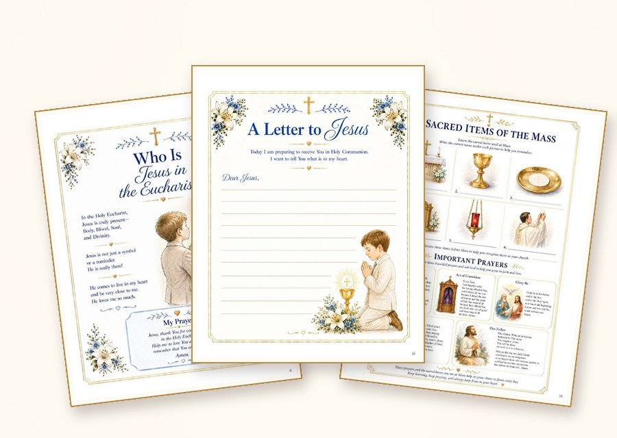Free First Holy Communion printable pages: Who Is Jesus in the Eucharist, a letter to Jesus and the sacred items of the Mass