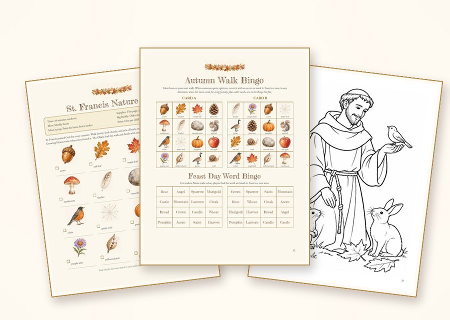 Free Catholic autumn printables: Autumn Walk Bingo, St. Francis Nature Walk and St. Francis coloring page