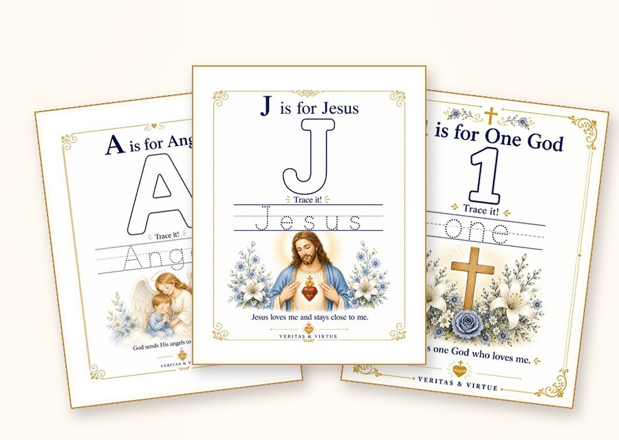 Free Catholic alphabet and number tracing pages for preschool: A is for Angel, J is for Jesus, 1 is for One God