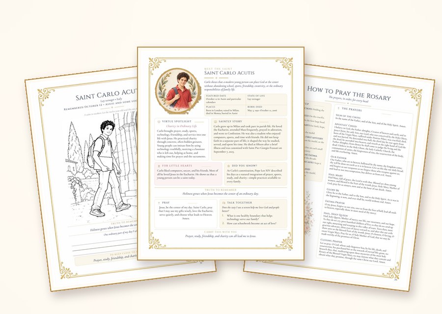 Free St. Carlo Acutis coloring page, saint story and How to Pray the Rosary printable