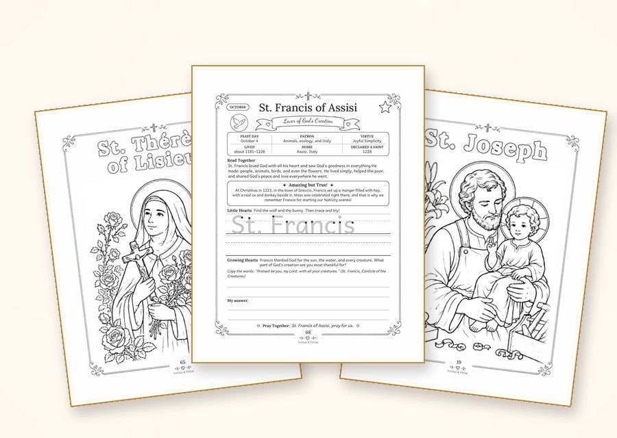 Free Catholic saint coloring pages: St. Thérèse of Lisieux, St. Francis of Assisi and St. Joseph