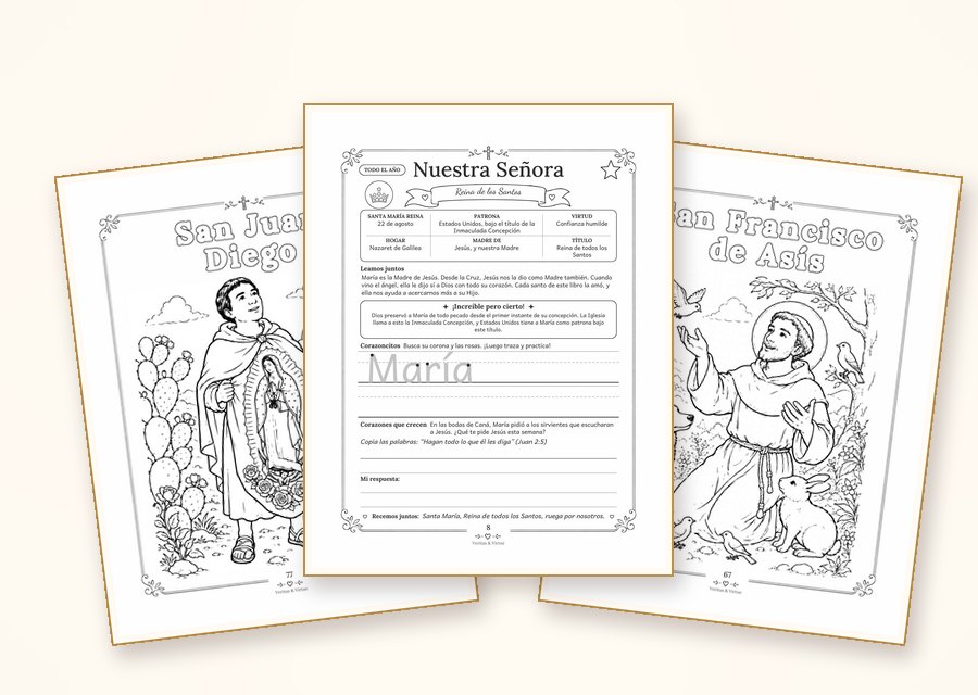 Santos católicos para colorear gratis: San Juan Diego, Nuestra Señora y San Francisco de Asís